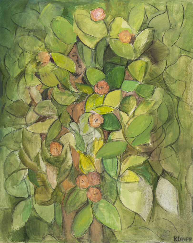 A Painting Of Green Foliage With Orange Like Fruits With A Figure Behind The Foliage By Linda Kohen