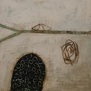 Two Birds On A Branch, Black Rocks, And Scribble
